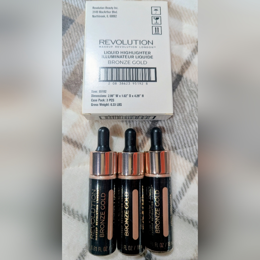 Lot of 3 - Revolution Liquid Highlighter.  Shade: Bronze Gold. Stunning! Sealed.